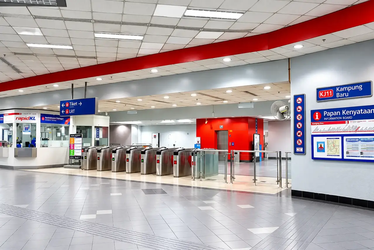 Bahagian dalam stesen LRT Kampung Baru, dengan pintu tiket dan papan tanda stesen